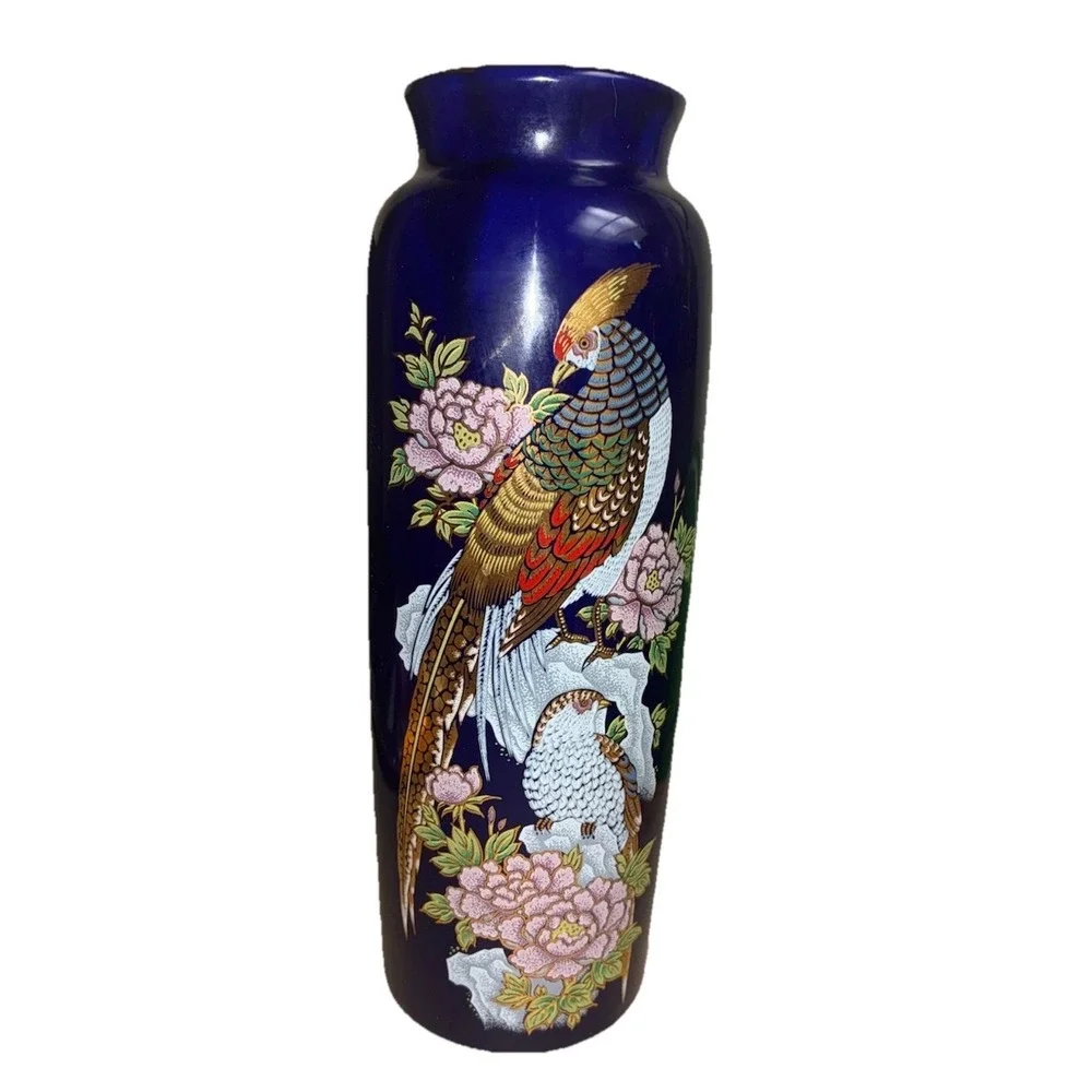 Vintage  Vase Cobalt‎ Blue Pheasant Kutani Style 9.5